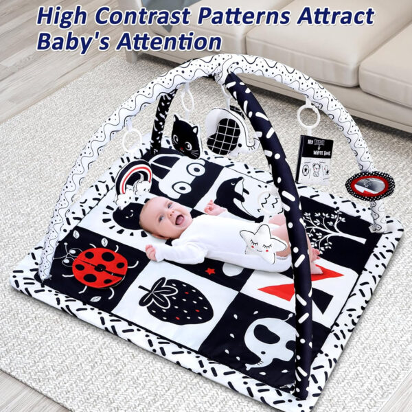 Black and White Baby Gym Play Mat with 6 Toys Tummy Time Activity Mat for Babies 0-6 6-12 Months High Contrast Baby Gyms & Playmats Sensory Toys Newborn Brain Development Infant Play Mat