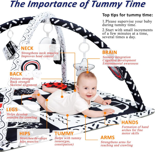 Black and White Baby Gym Play Mat with 6 Toys Tummy Time Activity Mat for Babies 0-6 6-12 Months High Contrast Baby Gyms & Playmats Sensory Toys Newborn Brain Development Infant Play Mat