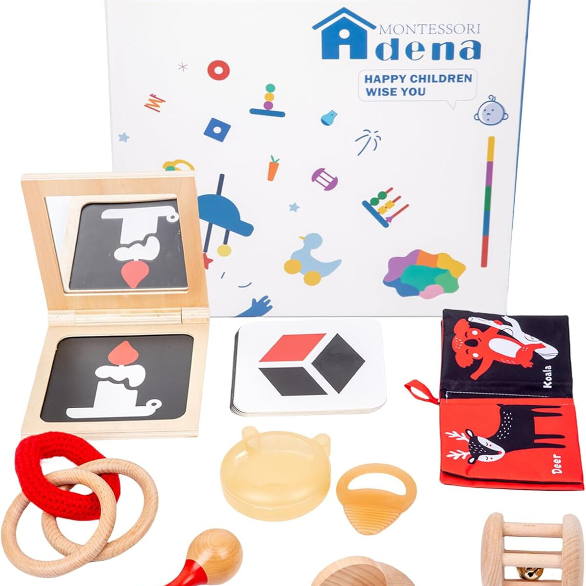 Adena Montessori Play Kit for 3-4 Months Baby,8 in 1 Wooden Learning Educational Toys for Toddler,Include Framed Mirror Book,High-Contrast Cards and More,Christmas Birthday Gift for Boys Girls