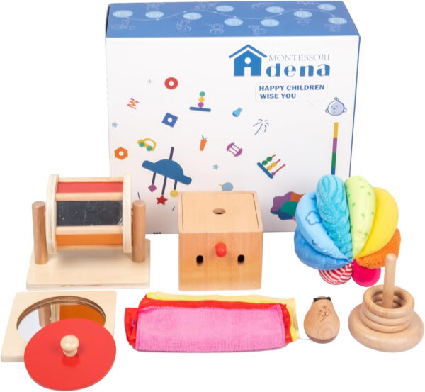 Adena Montessori Play Kit for 3-4 Months Baby,8 in 1 Wooden Learning Educational Toys for Toddler,Include Framed Mirror Book,High-Contrast Cards and More,Christmas Birthday Gift for Boys Girls