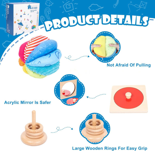 Adena Montessori Play Kit for 3-4 Months Baby,8 in 1 Wooden Learning Educational Toys for Toddler,Include Framed Mirror Book,High-Contrast Cards and More,Christmas Birthday Gift for Boys Girls