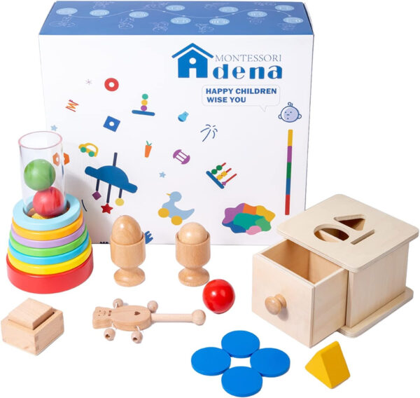 Adena Montessori Play Kit for 3-4 Months Baby,8 in 1 Wooden Learning Educational Toys for Toddler,Include Framed Mirror Book,High-Contrast Cards and More,Christmas Birthday Gift for Boys Girls