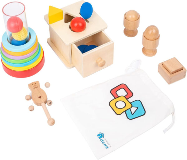 Adena Montessori Play Kit for 3-4 Months Baby,8 in 1 Wooden Learning Educational Toys for Toddler,Include Framed Mirror Book,High-Contrast Cards and More,Christmas Birthday Gift for Boys Girls