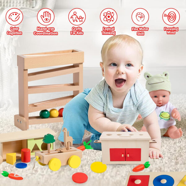 Adena Montessori Play Kit for 3-4 Months Baby,8 in 1 Wooden Learning Educational Toys for Toddler,Include Framed Mirror Book,High-Contrast Cards and More,Christmas Birthday Gift for Boys Girls