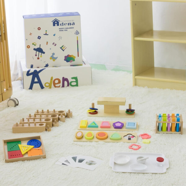 Adena Montessori Play Kit for 3-4 Months Baby,8 in 1 Wooden Learning Educational Toys for Toddler,Include Framed Mirror Book,High-Contrast Cards and More,Christmas Birthday Gift for Boys Girls