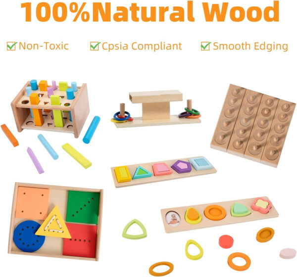 Adena Montessori Play Kit for 3-4 Months Baby,8 in 1 Wooden Learning Educational Toys for Toddler,Include Framed Mirror Book,High-Contrast Cards and More,Christmas Birthday Gift for Boys Girls