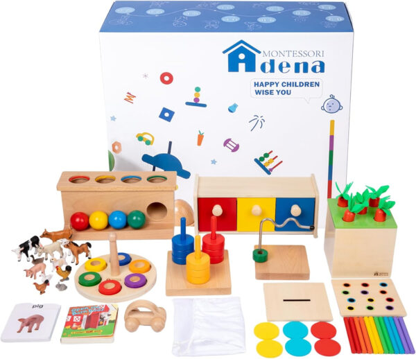 Adena Montessori Play Kit for 3-4 Months Baby,8 in 1 Wooden Learning Educational Toys for Toddler,Include Framed Mirror Book,High-Contrast Cards and More,Christmas Birthday Gift for Boys Girls