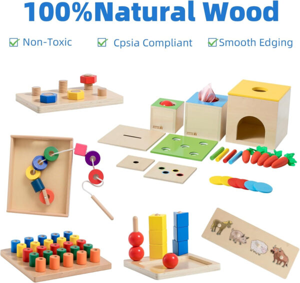 Adena Montessori Play Kit for 3-4 Months Baby,8 in 1 Wooden Learning Educational Toys for Toddler,Include Framed Mirror Book,High-Contrast Cards and More,Christmas Birthday Gift for Boys Girls