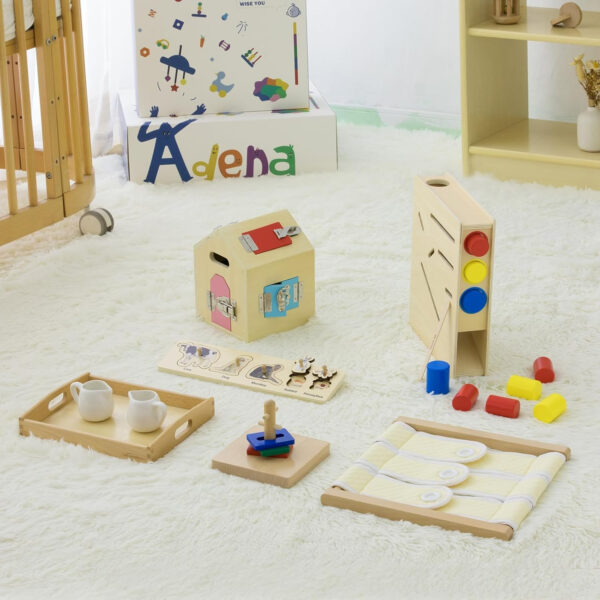 Adena Montessori Play Kit for 3-4 Months Baby,8 in 1 Wooden Learning Educational Toys for Toddler,Include Framed Mirror Book,High-Contrast Cards and More,Christmas Birthday Gift for Boys Girls