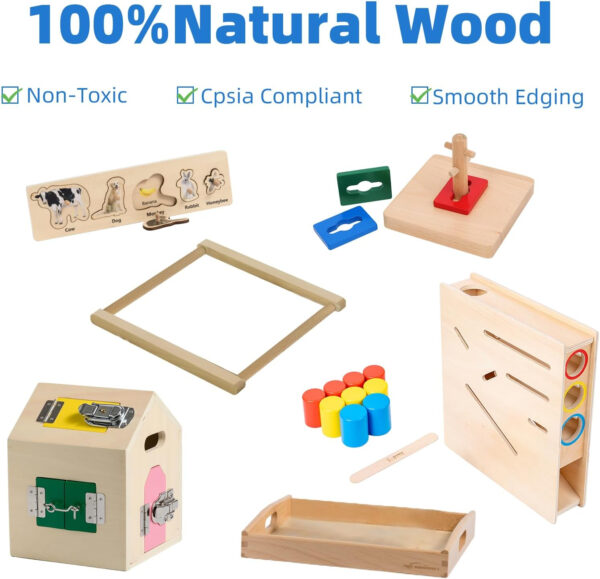 Adena Montessori Play Kit for 3-4 Months Baby,8 in 1 Wooden Learning Educational Toys for Toddler,Include Framed Mirror Book,High-Contrast Cards and More,Christmas Birthday Gift for Boys Girls