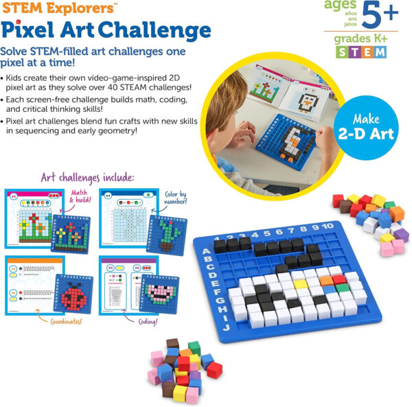 Learning Resources STEM Explorers Pixel Art Challenge - Math Puzzles, Pattern Blocks, Creativity for Kids Sensory Bin, Arts and Crafts, Math Manipulatives, Back to School Must Haves