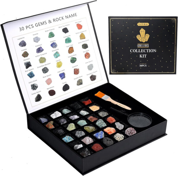Rock Collection for Kids - 30 Pcs Rocks, Gemstones & Crystals Kit with Learning Guide,Mineral Education Set Geology Science STEM Toys, Earth Science Activity,Gifts for Boys & Girls