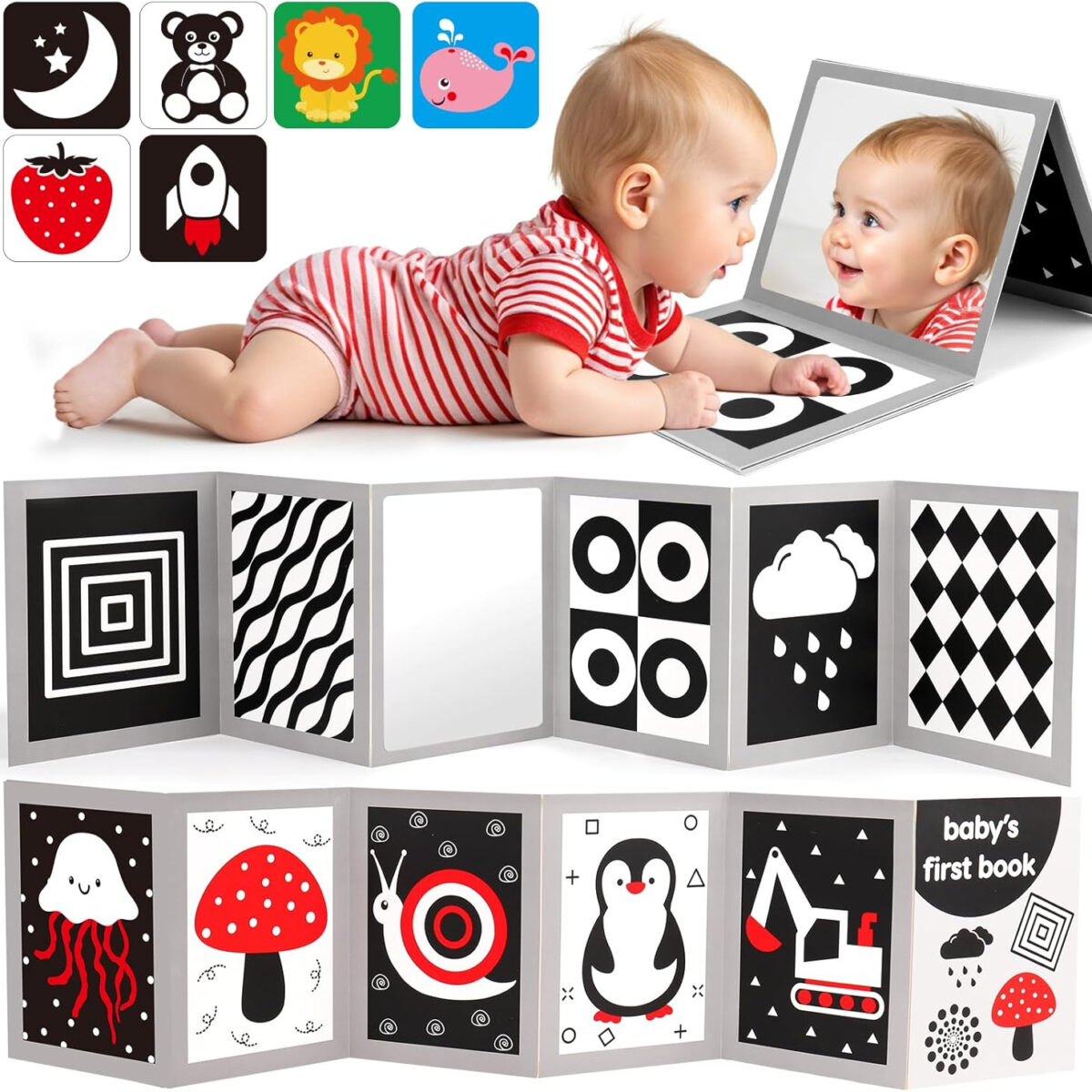 Black and White High Contrast Baby Books Flash Cards Tummy Time Mirror Toys Newborn Toys 0 6 Months Brain Development Infant Stimulating Sensory Toy 0-3 3-6 2 4 5 Months old Baby Boy Girl Shower Gifts