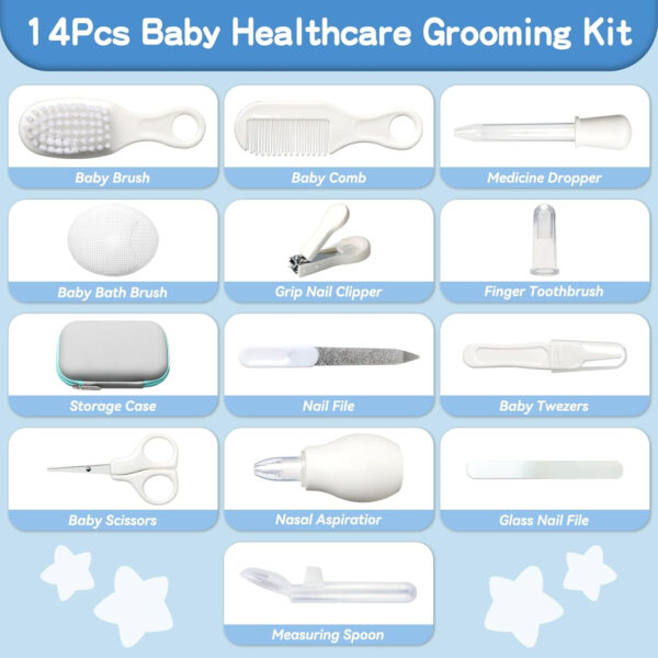 Baby Healthcare and Grooming Kit, 14 in 1 Baby Safety Set Newborn Nursery Health Care Set with Hair Brush Scale Nail Clippers for Baby Girls Boys (14 Kits Grey White)