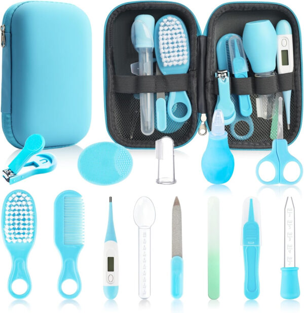 Baby Healthcare and Grooming Kit, 14 in 1 Baby Safety Set Newborn Nursery Health Care Set with Hair Brush Scale Nail Clippers for Baby Girls Boys (14 Kits Grey White)