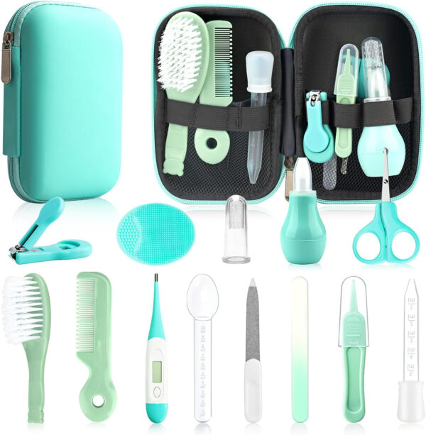 Baby Healthcare and Grooming Kit, 14 in 1 Baby Safety Set Newborn Nursery Health Care Set with Hair Brush Scale Nail Clippers for Baby Girls Boys (14 Kits Grey White)
