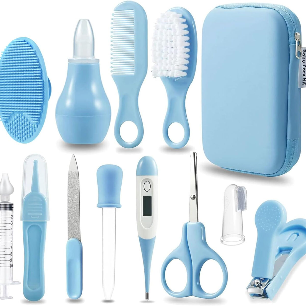 PandaEar Baby Healthcare & Grooming Kit - Baby Safety Set Comb, Brush, Finger Toothbrush, Nail Clippers, Scissors, Nasal Aspirator - Nursery Care Kit (Blue)