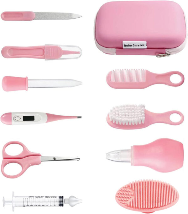 PandaEar Baby Healthcare & Grooming Kit - Baby Safety Set Comb, Brush, Finger Toothbrush, Nail Clippers, Scissors, Nasal Aspirator - Nursery Care Kit (Blue)