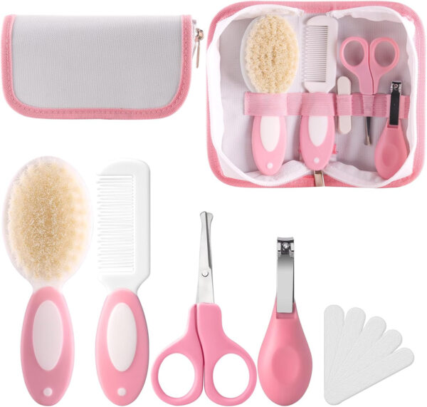 Baby Grooming Kit,Baby Health Care Kit,Baby Brush Soft Bristles 5 pcs Baby Nail Kit Nursery Care Kit Baby Hair Brush Hair Comb Nail Kit Safety Cutter Nail Clipper Set Pink
