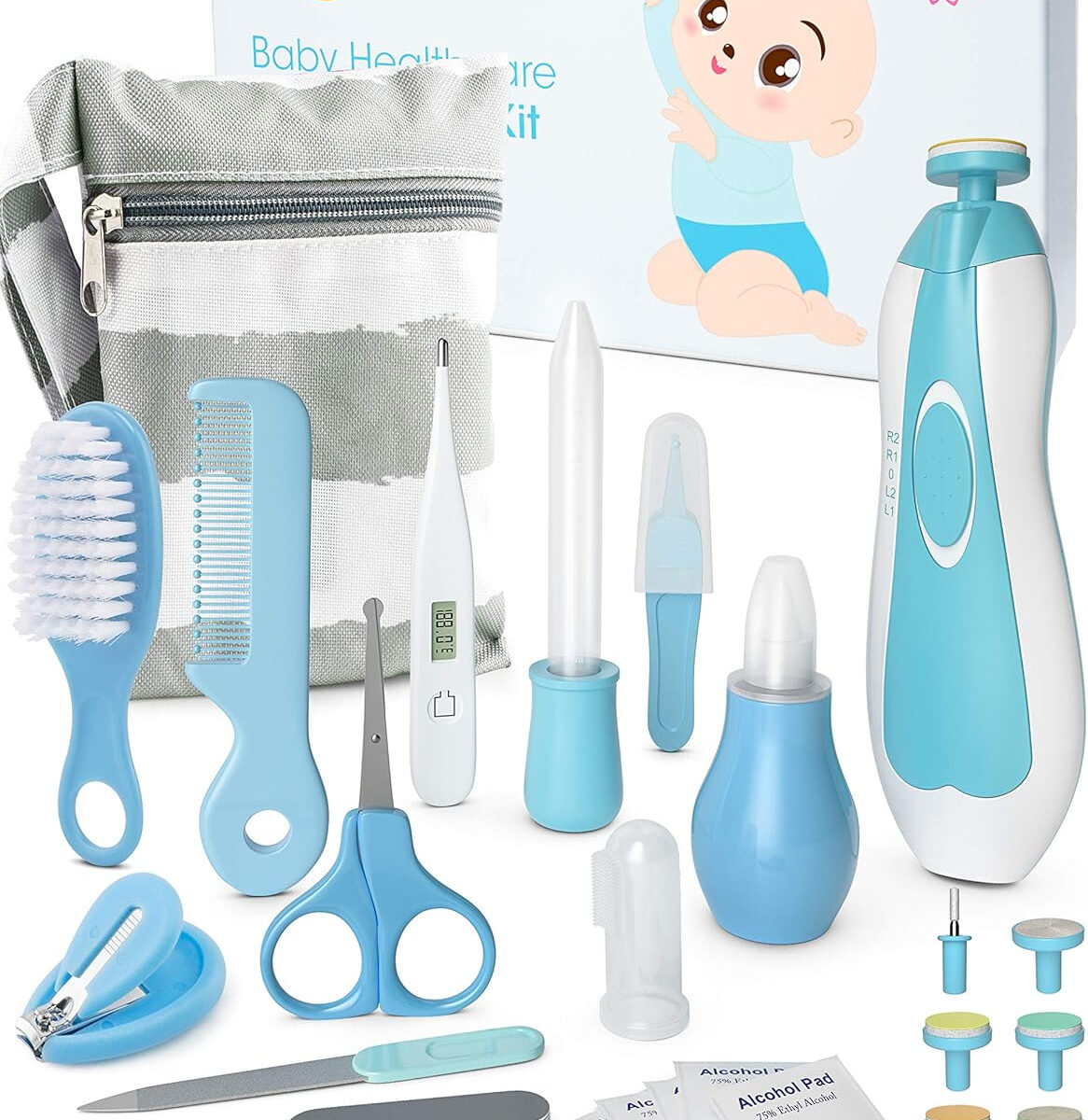 OTTOLIVES Baby Healthcare and Grooming Kit, 24 in 1 Baby Electric Nail Trimmer Set Newborn Nursery Health Care Set for Newborn Infant Toddlers Baby Boys Girls Kids Haircut Tools (0-3 Years+) (Blue)