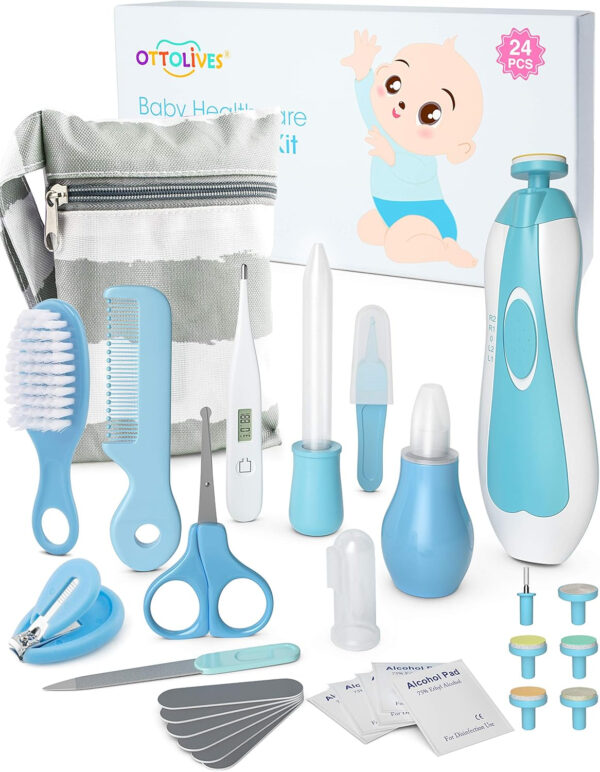 OTTOLIVES Baby Healthcare and Grooming Kit, 24 in 1 Baby Electric Nail Trimmer Set Newborn Nursery Health Care Set for Newborn Infant Toddlers Baby Boys Girls Kids Haircut Tools (0-3 Years+) (Blue)
