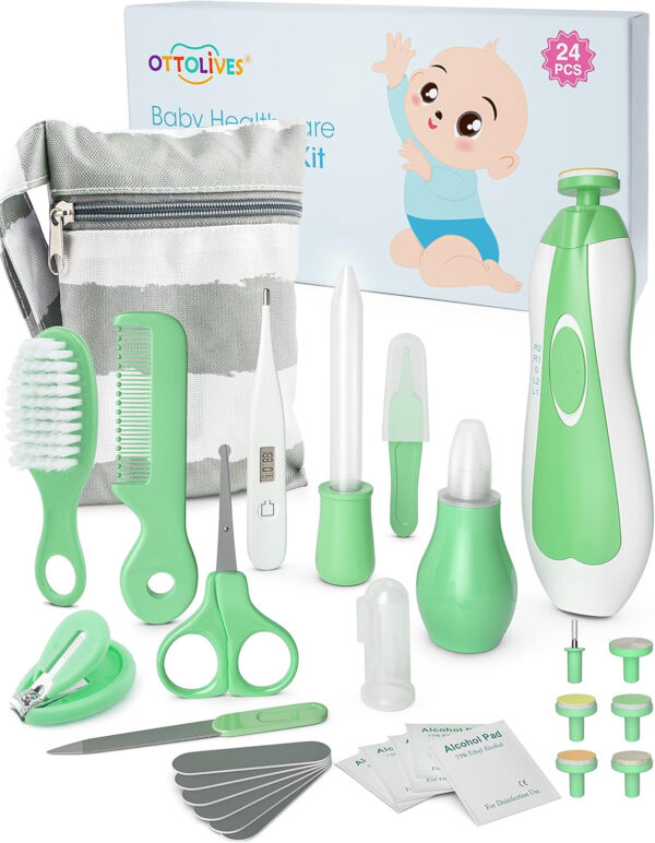 OTTOLIVES Baby Healthcare and Grooming Kit, 24 in 1 Baby Electric Nail Trimmer Set Newborn Nursery Health Care Set for Newborn Infant Toddlers Baby Boys Girls Kids Haircut Tools (0-3 Years+) (Blue)