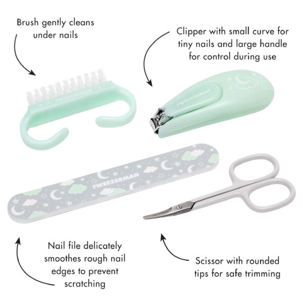Tweezerman Baby Manicure Kit Includes Nail Clipper, Grooming Brush, Nail Trimming Scissors, and Nail File