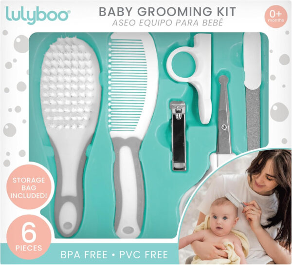 Lulyboo Ultimate 6-Piece Baby Grooming Kit Certified Safety, Include Brush Comb Scissors Emery Board Nail Clipper & Travel Bag - Baby Kits for Newborns with Premium Tools, Ideal Gift for Parents.