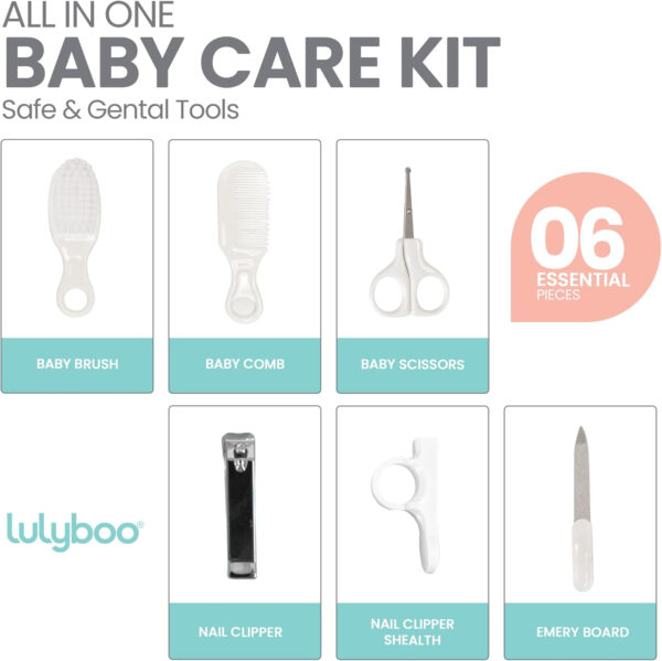 Lulyboo Ultimate 6-Piece Baby Grooming Kit Certified Safety, Include Brush Comb Scissors Emery Board Nail Clipper & Travel Bag - Baby Kits for Newborns with Premium Tools, Ideal Gift for Parents.