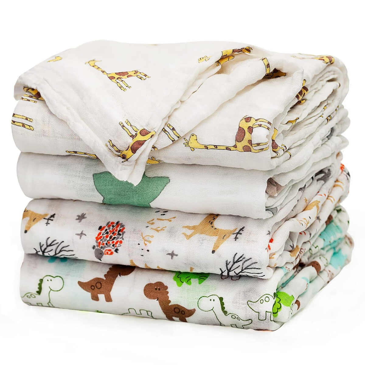 upsimples Baby Swaddle Blanket Unisex Swaddles Wrap Soft Silky Muslin Neutral Receiving Blankets for Boys and Girls, Large 47 x 47 inches, Set of 4 - Fox/Elephant/Giraffe/Dinosaur