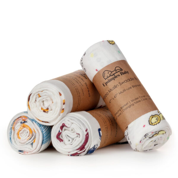 upsimples Baby Swaddle Blanket Unisex Swaddles Wrap Soft Silky Muslin Neutral Receiving Blankets for Boys and Girls, Large 47 x 47 inches, Set of 4 - Fox/Elephant/Giraffe/Dinosaur