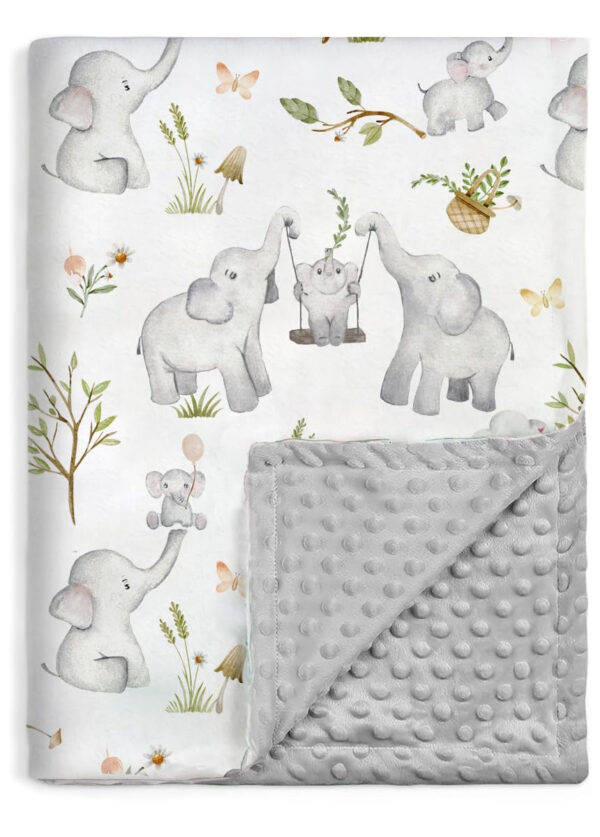 BOPRIO Baby Blankets for Unisex Boys Girls, Super Soft Nursery Minky Blankets with Baby Elephant Design and Dotted Fleece Backing, Printed Bed Throws Newborn