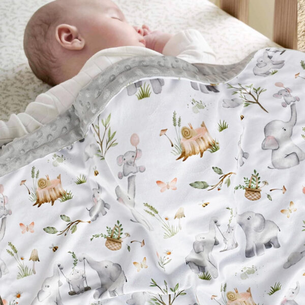 BOPRIO Baby Blankets for Unisex Boys Girls, Super Soft Nursery Minky Blankets with Baby Elephant Design and Dotted Fleece Backing, Printed Bed Throws Newborn