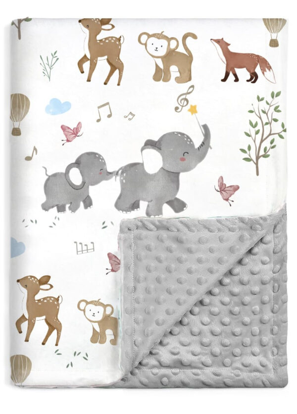 BOPRIO Baby Blankets for Unisex Boys Girls, Super Soft Nursery Minky Blankets with Baby Elephant Design and Dotted Fleece Backing, Printed Bed Throws Newborn