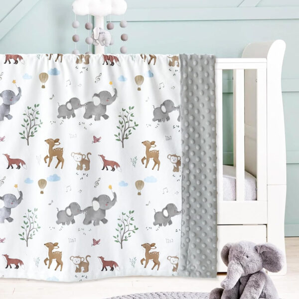 BOPRIO Baby Blankets for Unisex Boys Girls, Super Soft Nursery Minky Blankets with Baby Elephant Design and Dotted Fleece Backing, Printed Bed Throws Newborn