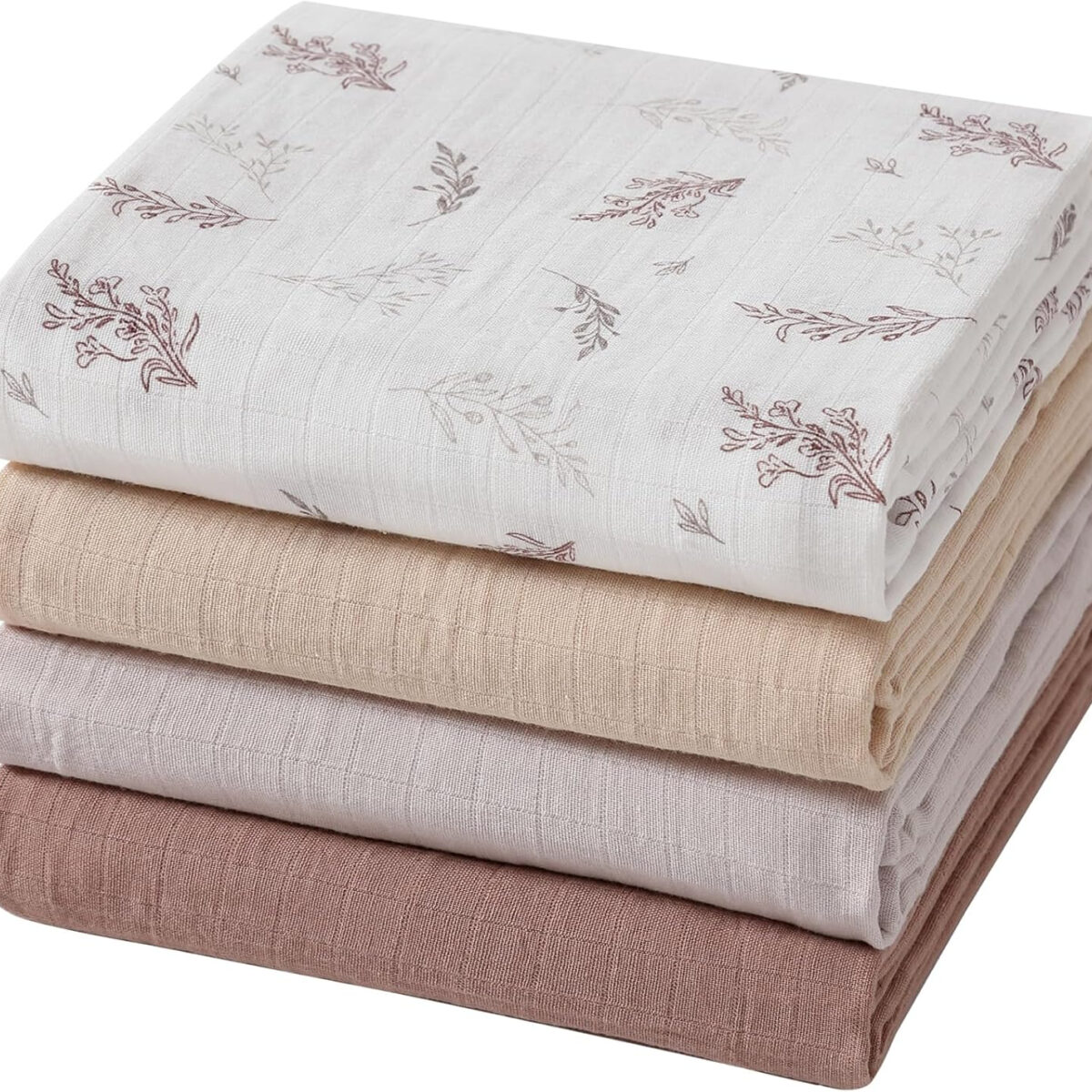 Muslin Swaddle Blankets for Boys and Girls, Soft Cotton Baby Swaddle Blankets for Unisex, 47 X 47 inches Muslin Swaddles, 4 Pack Leaves & Warmth Colors