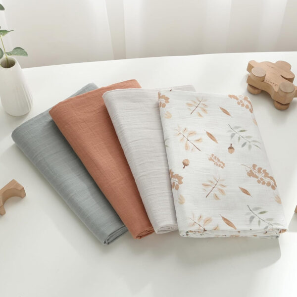 Muslin Swaddle Blankets for Boys and Girls, Soft Cotton Baby Swaddle Blankets for Unisex, 47 X 47 inches Muslin Swaddles, 4 Pack Leaves & Warmth Colors
