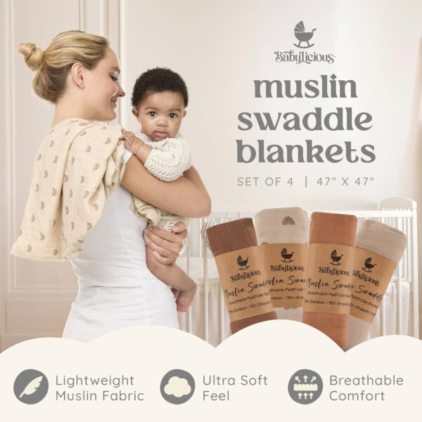 Muslin Swaddle Blankets - 4 Pack | Muslin Baby Blanket for Newborn Boy/Girl | Soft&Breathable Receiving Blankets | Newborn Swaddle Blanket (47" x 47")| Baby Essentials,Registry & Gift- Desert Dreams