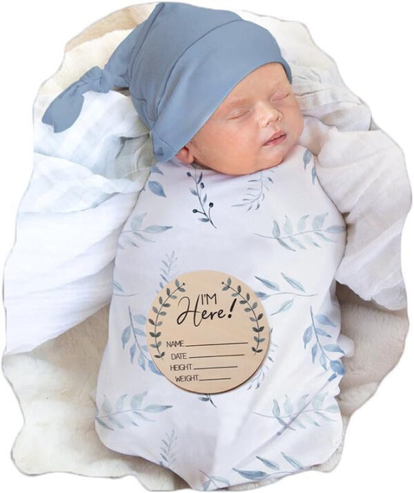 Ylsteed Baby Swaddle Blanket and Headband Set, Newborn Receiving Blanket Swaddle Wrap for Girls and Boys, Swaddling Blankets Neutral for Newborn， Soft and Skin-Friendly 32 * 32 inches (Blue Leaves)