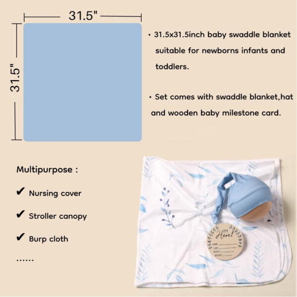 Ylsteed Baby Swaddle Blanket and Headband Set, Newborn Receiving Blanket Swaddle Wrap for Girls and Boys, Swaddling Blankets Neutral for Newborn， Soft and Skin-Friendly 32 * 32 inches (Blue Leaves)