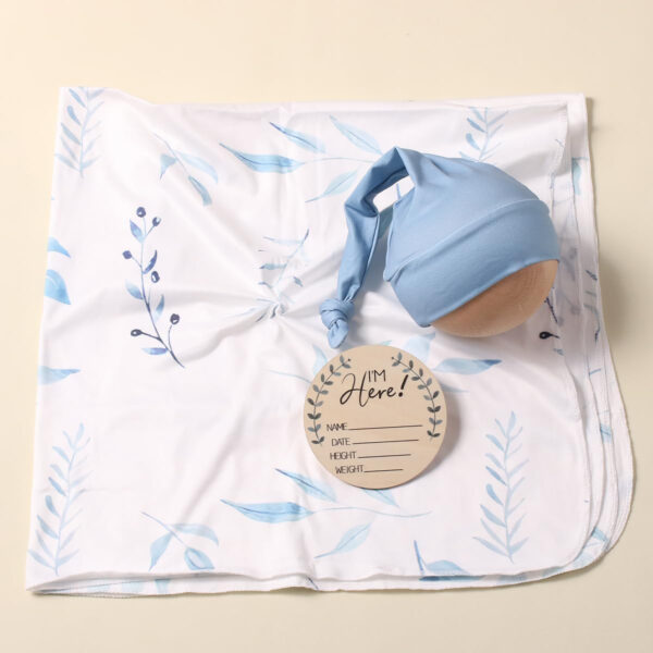 Ylsteed Baby Swaddle Blanket and Headband Set, Newborn Receiving Blanket Swaddle Wrap for Girls and Boys, Swaddling Blankets Neutral for Newborn， Soft and Skin-Friendly 32 * 32 inches (Blue Leaves)