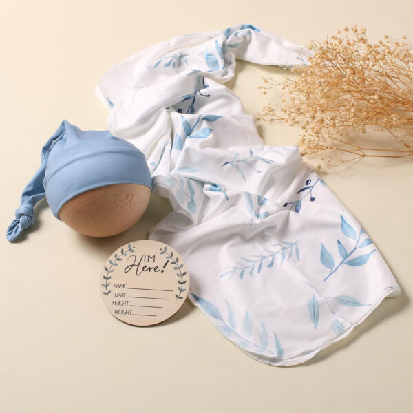 Ylsteed Baby Swaddle Blanket and Headband Set, Newborn Receiving Blanket Swaddle Wrap for Girls and Boys, Swaddling Blankets Neutral for Newborn， Soft and Skin-Friendly 32 * 32 inches (Blue Leaves)