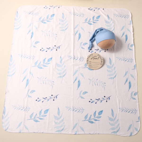 Ylsteed Baby Swaddle Blanket and Headband Set, Newborn Receiving Blanket Swaddle Wrap for Girls and Boys, Swaddling Blankets Neutral for Newborn， Soft and Skin-Friendly 32 * 32 inches (Blue Leaves)