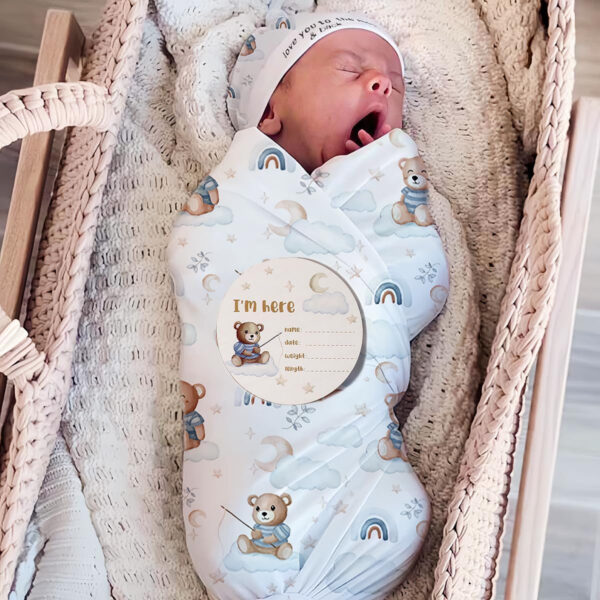 Ylsteed Baby Swaddle Blanket and Headband Set, Newborn Receiving Blanket Swaddle Wrap for Girls and Boys, Swaddling Blankets Neutral for Newborn， Soft and Skin-Friendly 32 * 32 inches (Blue Leaves)