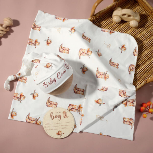 Ylsteed Baby Swaddle Blanket and Headband Set, Newborn Receiving Blanket Swaddle Wrap for Girls and Boys, Swaddling Blankets Neutral for Newborn， Soft and Skin-Friendly 32 * 32 inches (Blue Leaves)