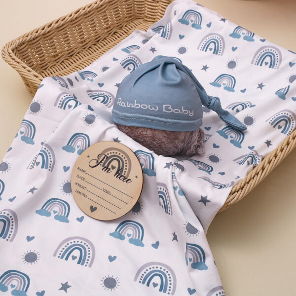 Ylsteed Baby Swaddle Blanket and Headband Set, Newborn Receiving Blanket Swaddle Wrap for Girls and Boys, Swaddling Blankets Neutral for Newborn， Soft and Skin-Friendly 32 * 32 inches (Blue Leaves)