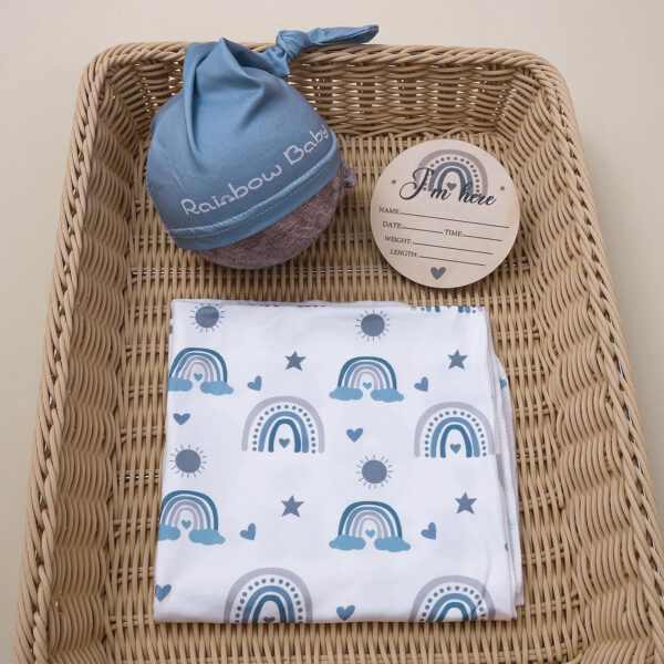 Ylsteed Baby Swaddle Blanket and Headband Set, Newborn Receiving Blanket Swaddle Wrap for Girls and Boys, Swaddling Blankets Neutral for Newborn， Soft and Skin-Friendly 32 * 32 inches (Blue Leaves)