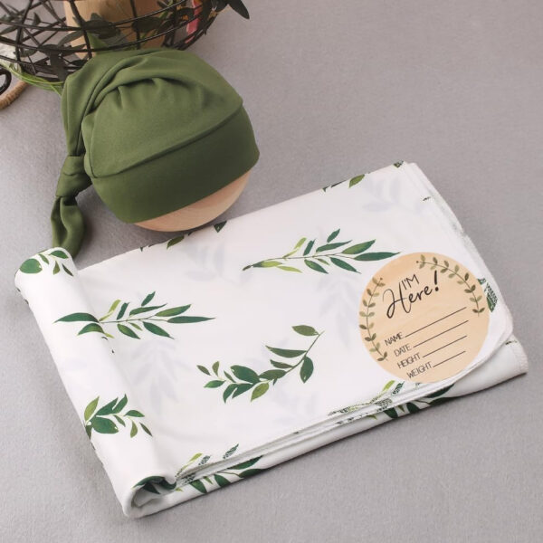 Ylsteed Baby Swaddle Blanket and Headband Set, Newborn Receiving Blanket Swaddle Wrap for Girls and Boys, Swaddling Blankets Neutral for Newborn， Soft and Skin-Friendly 32 * 32 inches (Blue Leaves)