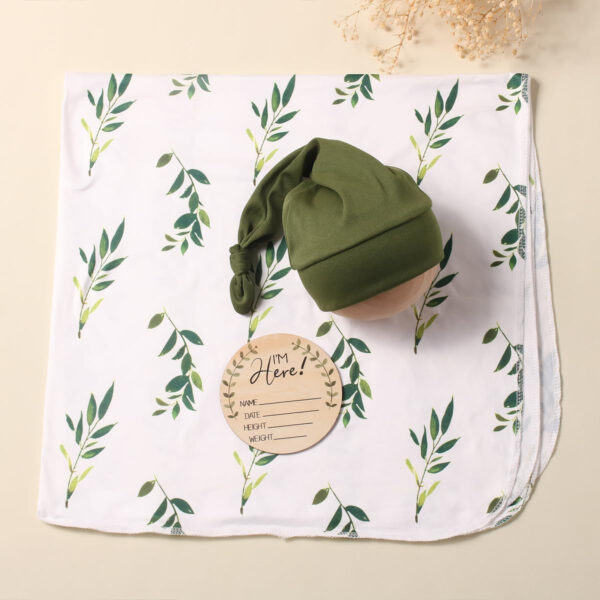 Ylsteed Baby Swaddle Blanket and Headband Set, Newborn Receiving Blanket Swaddle Wrap for Girls and Boys, Swaddling Blankets Neutral for Newborn， Soft and Skin-Friendly 32 * 32 inches (Blue Leaves)