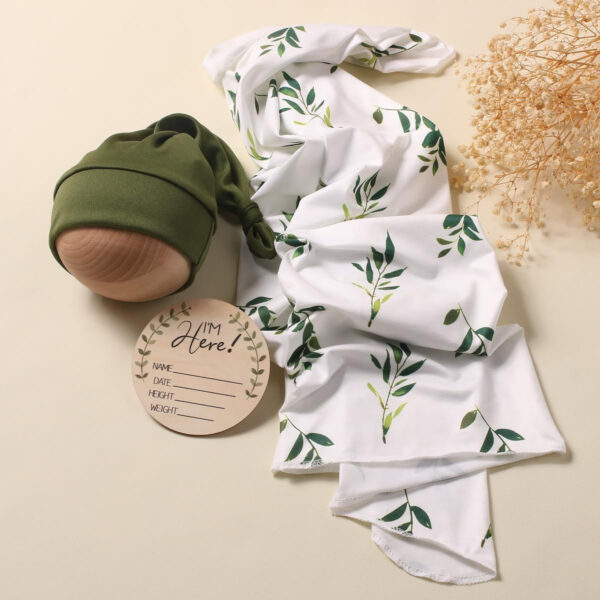 Ylsteed Baby Swaddle Blanket and Headband Set, Newborn Receiving Blanket Swaddle Wrap for Girls and Boys, Swaddling Blankets Neutral for Newborn， Soft and Skin-Friendly 32 * 32 inches (Blue Leaves)